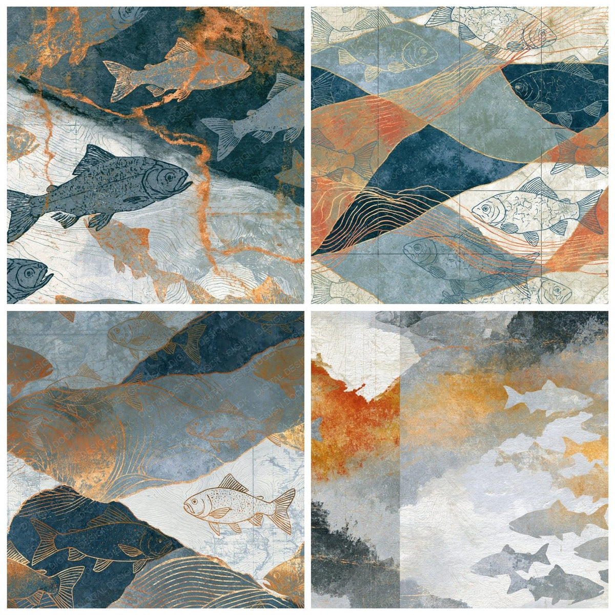 Antique Map Fish Outlines Silver Grey Digital Paper Pack (DDD018745)