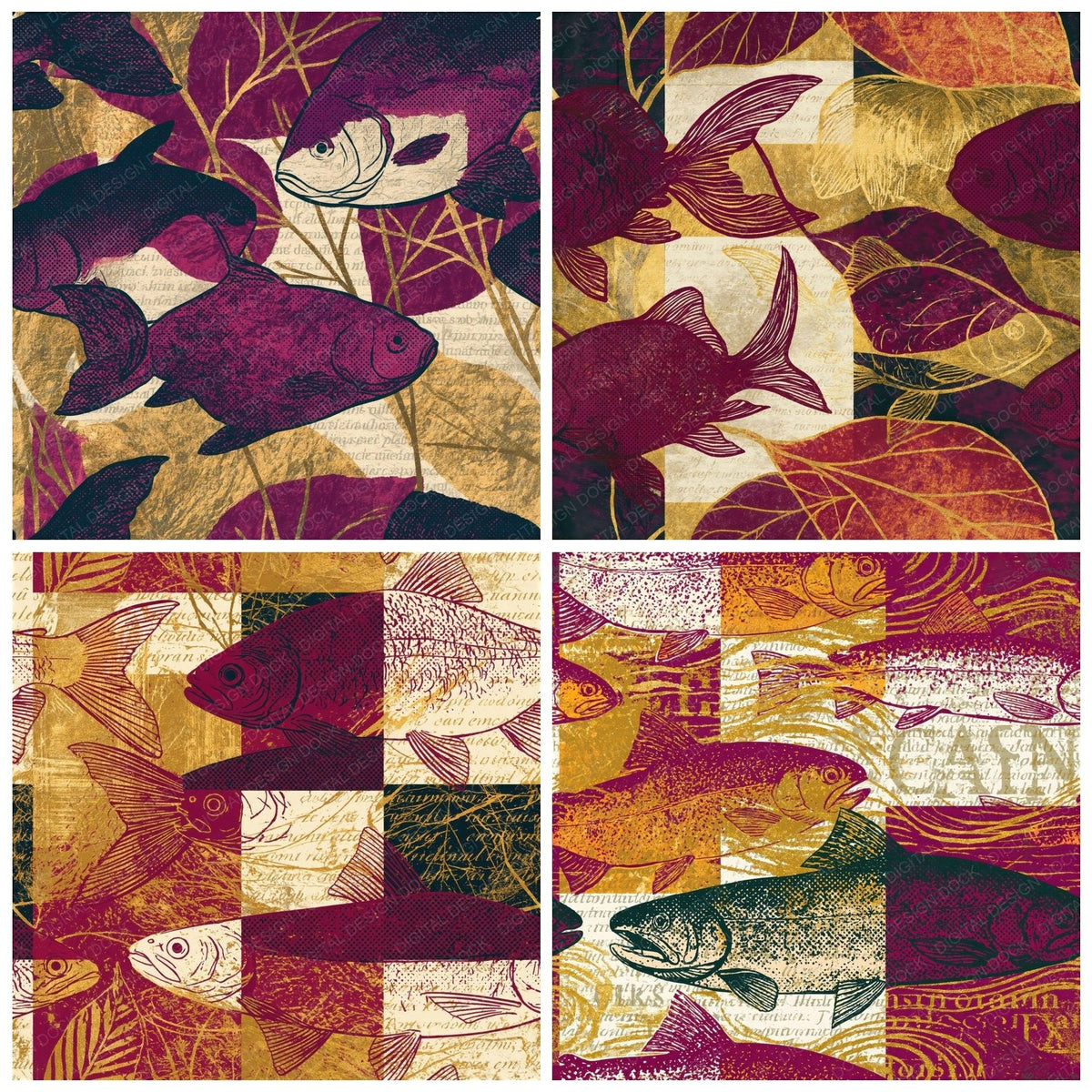Comic Book Fish Outlines Burgundy Oat Seamless Digital Paper Pack (DDD018747)