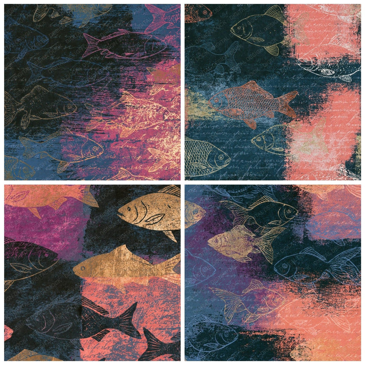 Drypoint Fish Outlines Charcoal Rose Abstract (2) Digital Paper Pack (DDD018750)