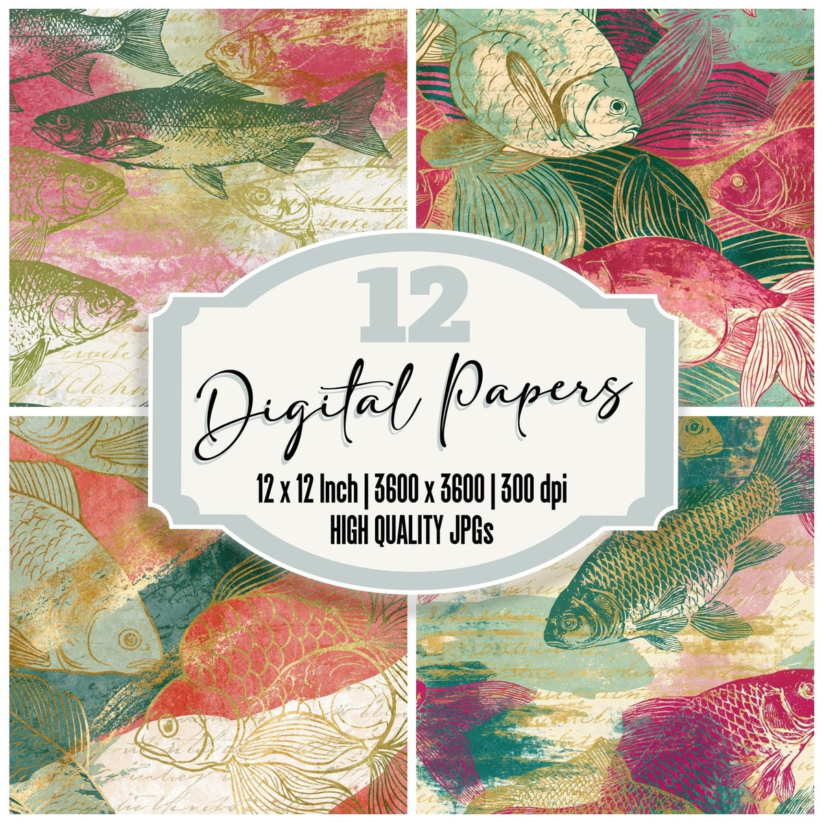 Edwardian Fish Outlines Pistachio Raspberry Digital Paper Pack (DDD018751)