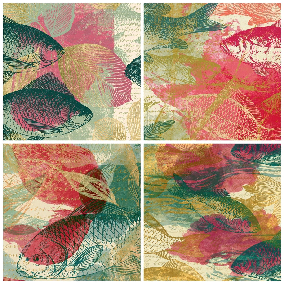 Edwardian Fish Outlines Pistachio Raspberry Digital Paper Pack (DDD018751)