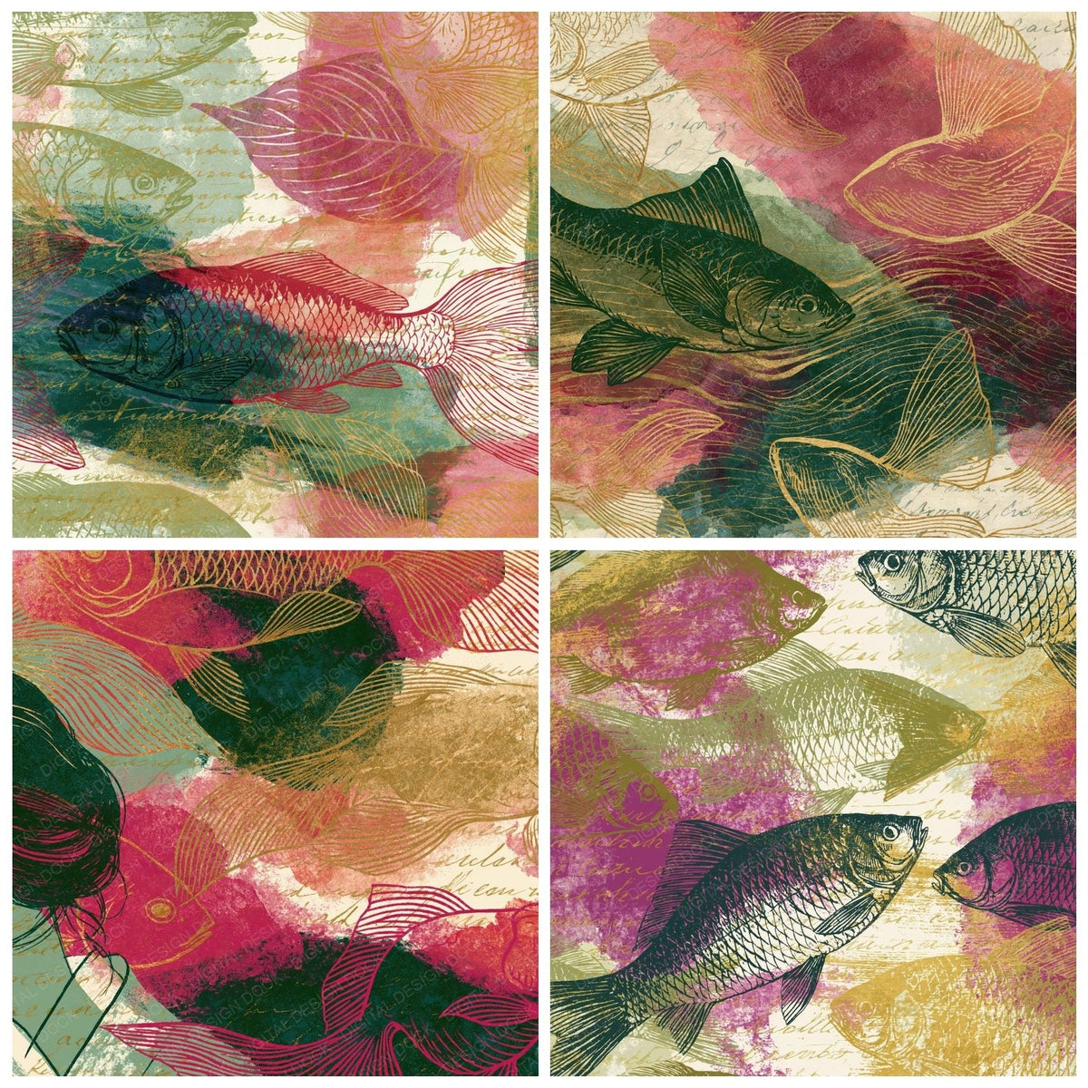 Edwardian Fish Outlines Pistachio Raspberry Digital Paper Pack (DDD018751)