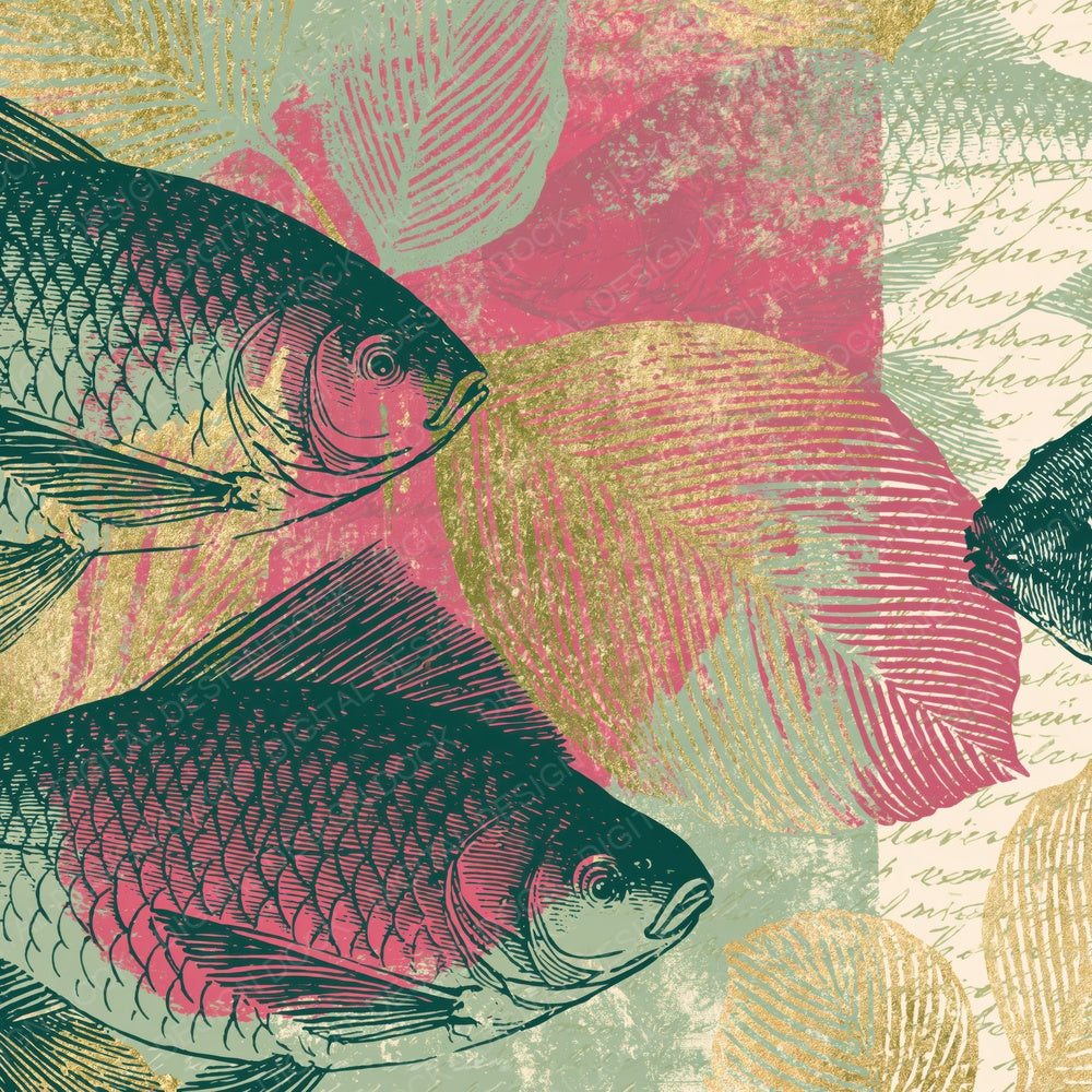 Edwardian Fish Outlines Pistachio Raspberry Digital Paper Pack (DDD018751)
