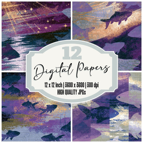 Pixel Art Fish Outlines Violet Silver digital paper pack cover showing four of the 12 papers
