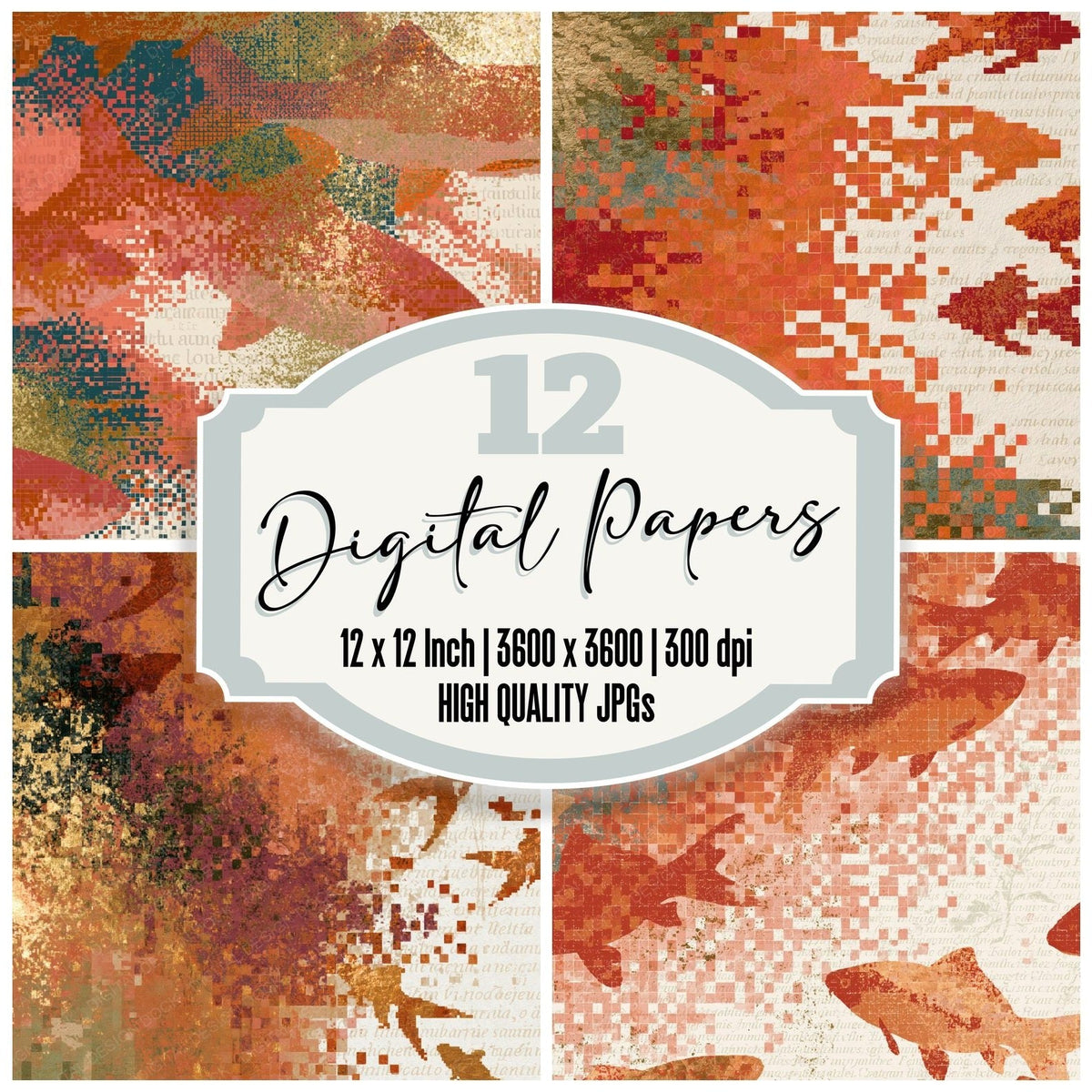 Pixel Fish Outlines Copper Rose Abstract Digital Paper Pack (DDD018757)