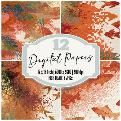Pixel Fish Outlines Copper Rose Abstract digital paper pack cover showing four of the 12 papers