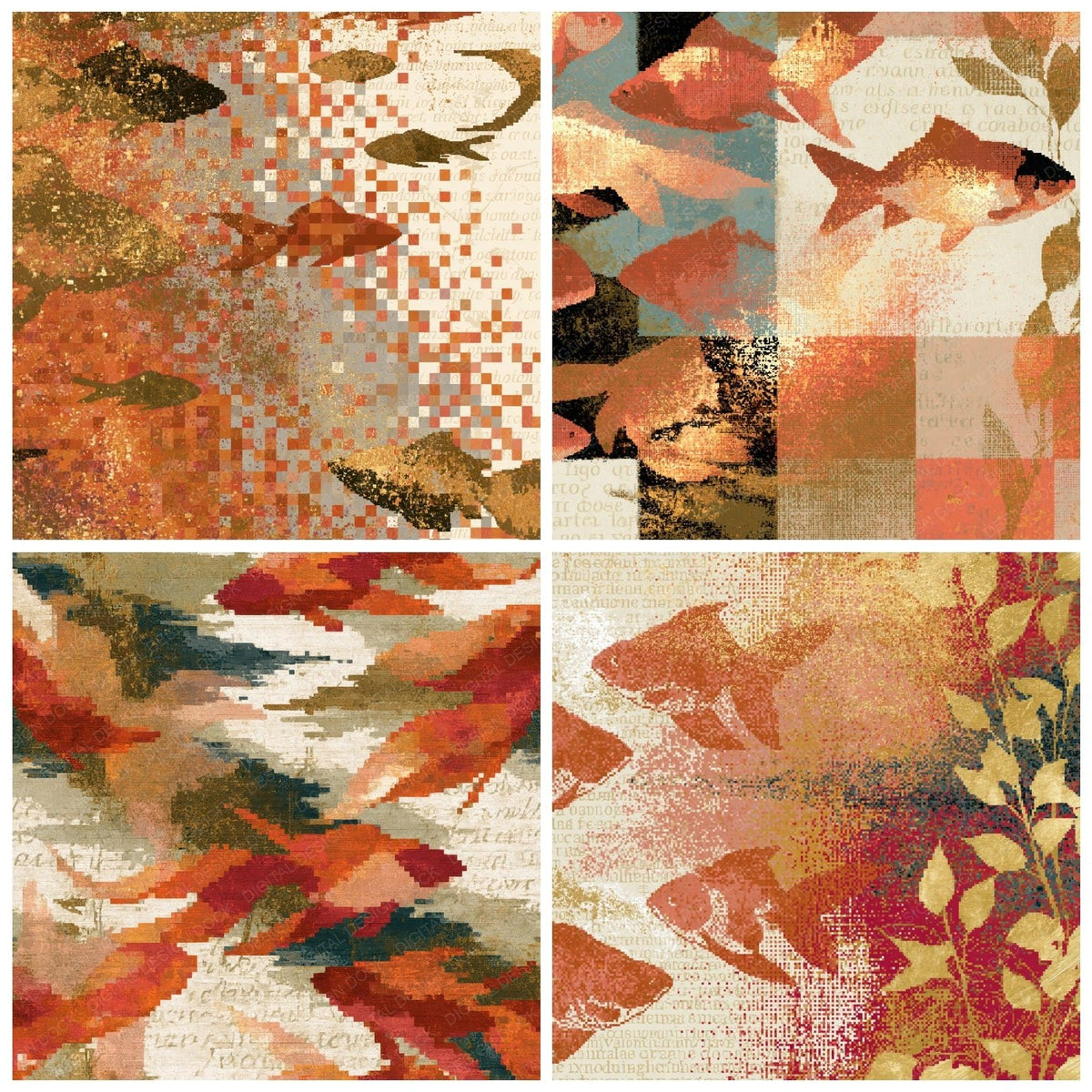 Pixel Fish Outlines Copper Rose Abstract Digital Paper Pack (DDD018757)