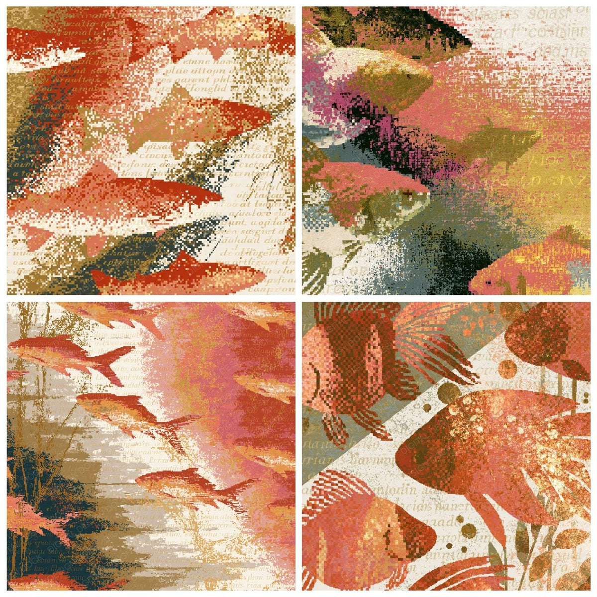 Pixel Fish Outlines Copper Rose Abstract Digital Paper Pack (DDD018757)