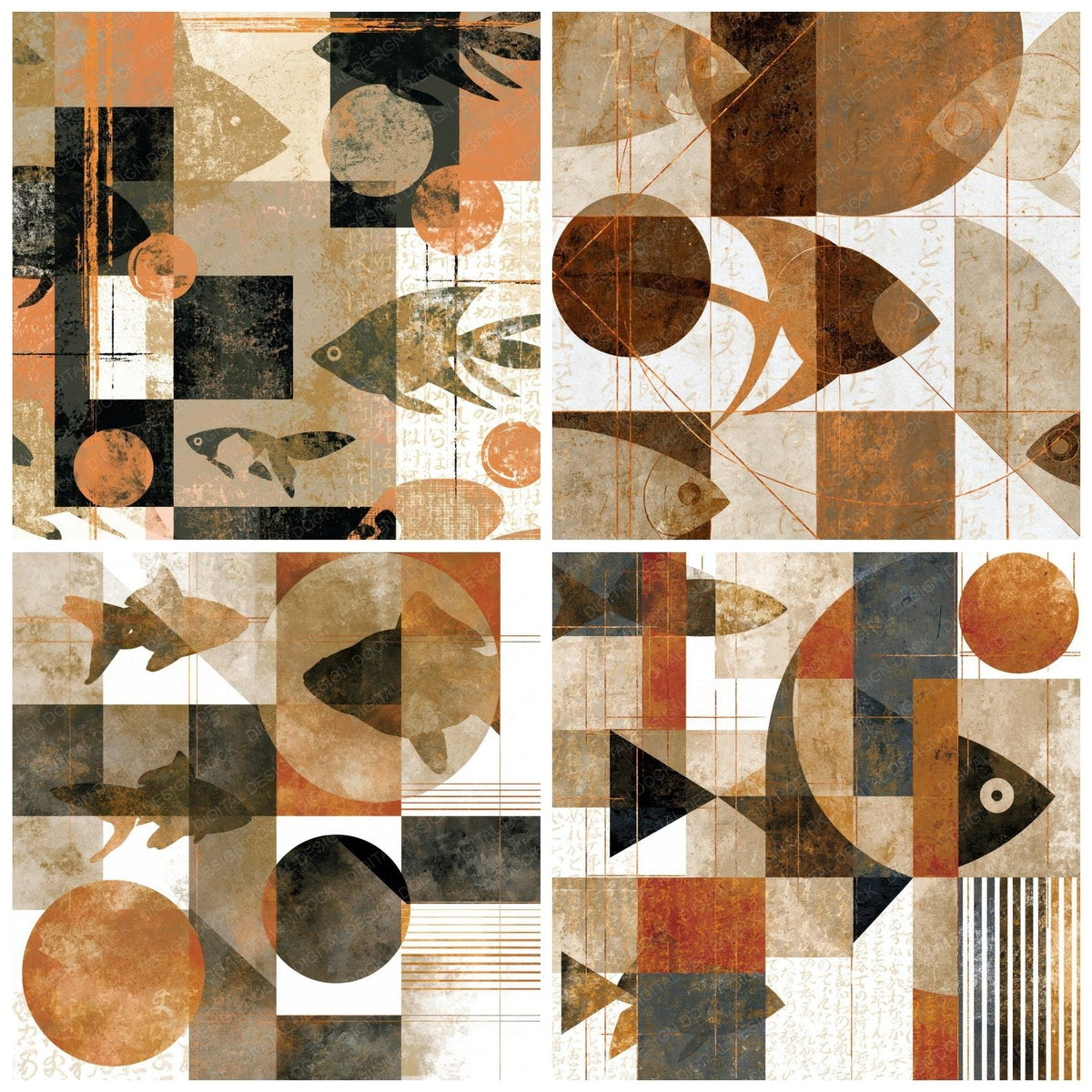Suprematist Fish Outlines Sepia Beige Abstract Digital Paper Pack (DDD018762)