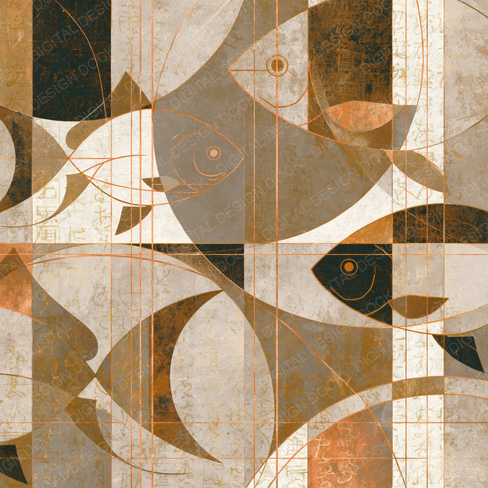 Suprematist Fish Outlines Sepia Beige Abstract Digital Paper Pack (DDD018762)