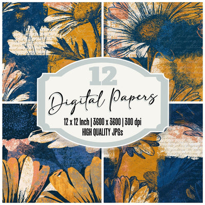 Comic Daisy Gold Lapis Seamless digital paper pack cover showing four of the 12 papers