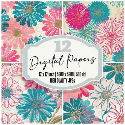 Embroidery Daisy Outlines Pink Turquoise digital paper pack cover showing four of the 12 papers
