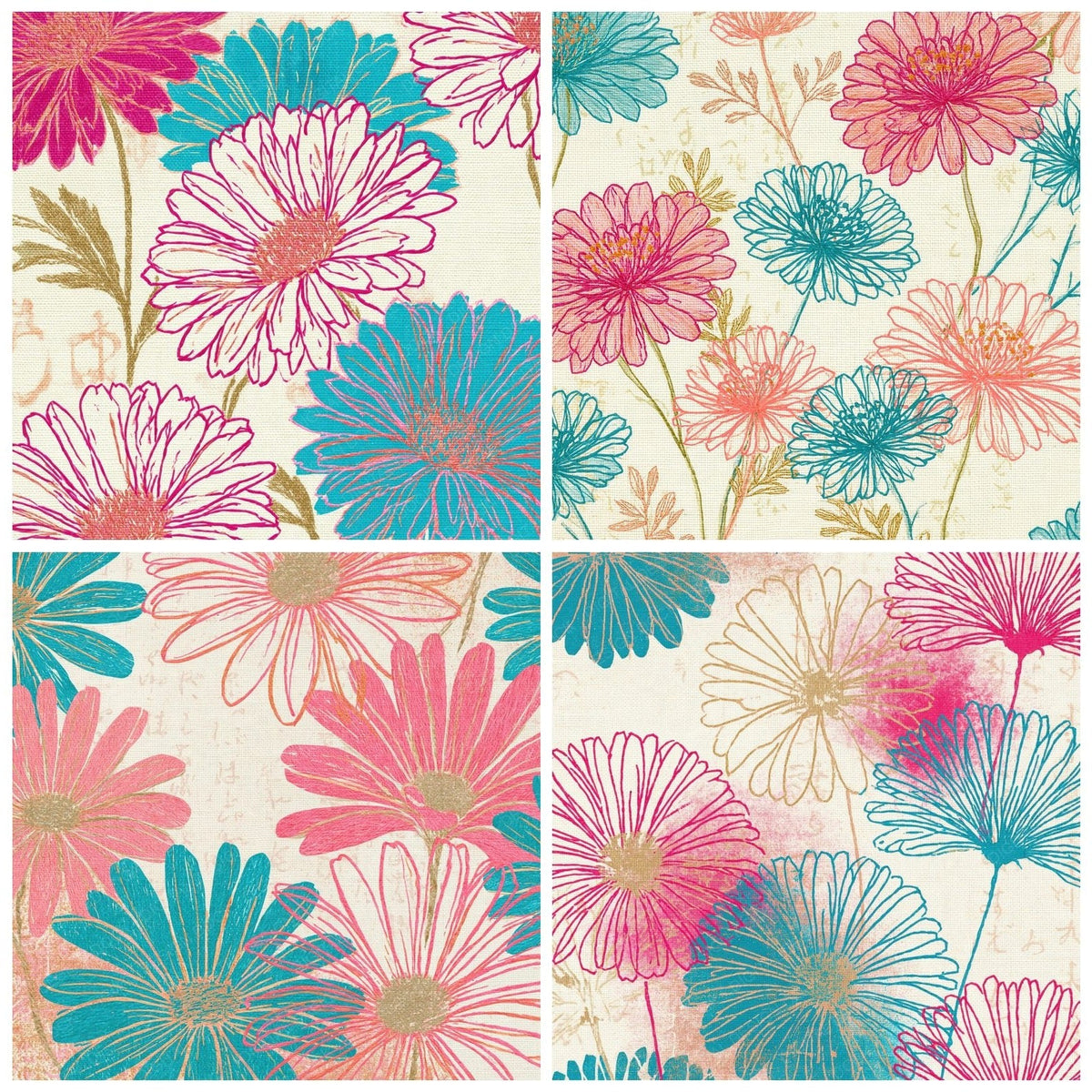 Embroidery Daisy Outlines Pink Turquoise Digital Paper Pack (DDD018772)
