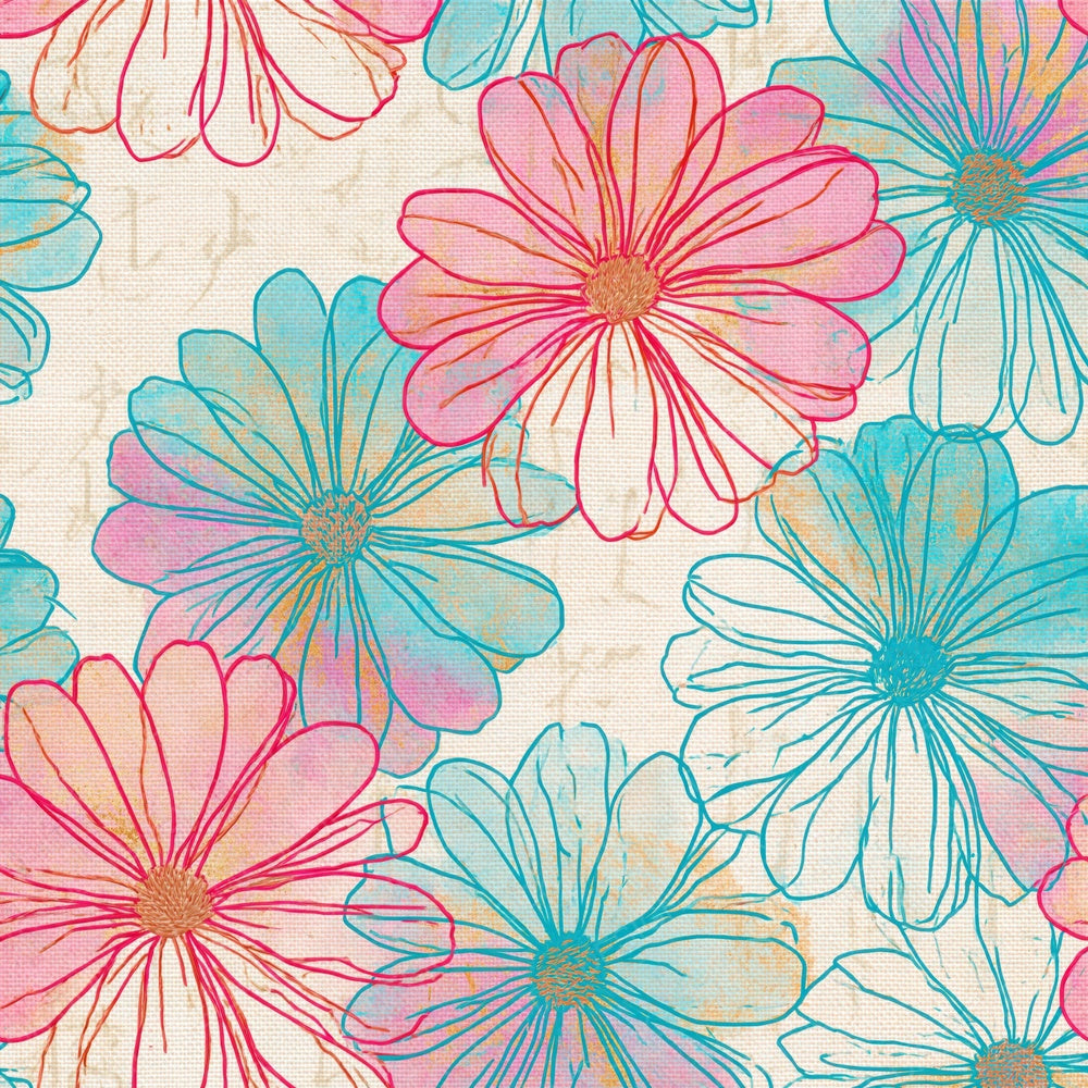 Embroidery Daisy Outlines Pink Turquoise Digital Paper Pack (DDD018772)
