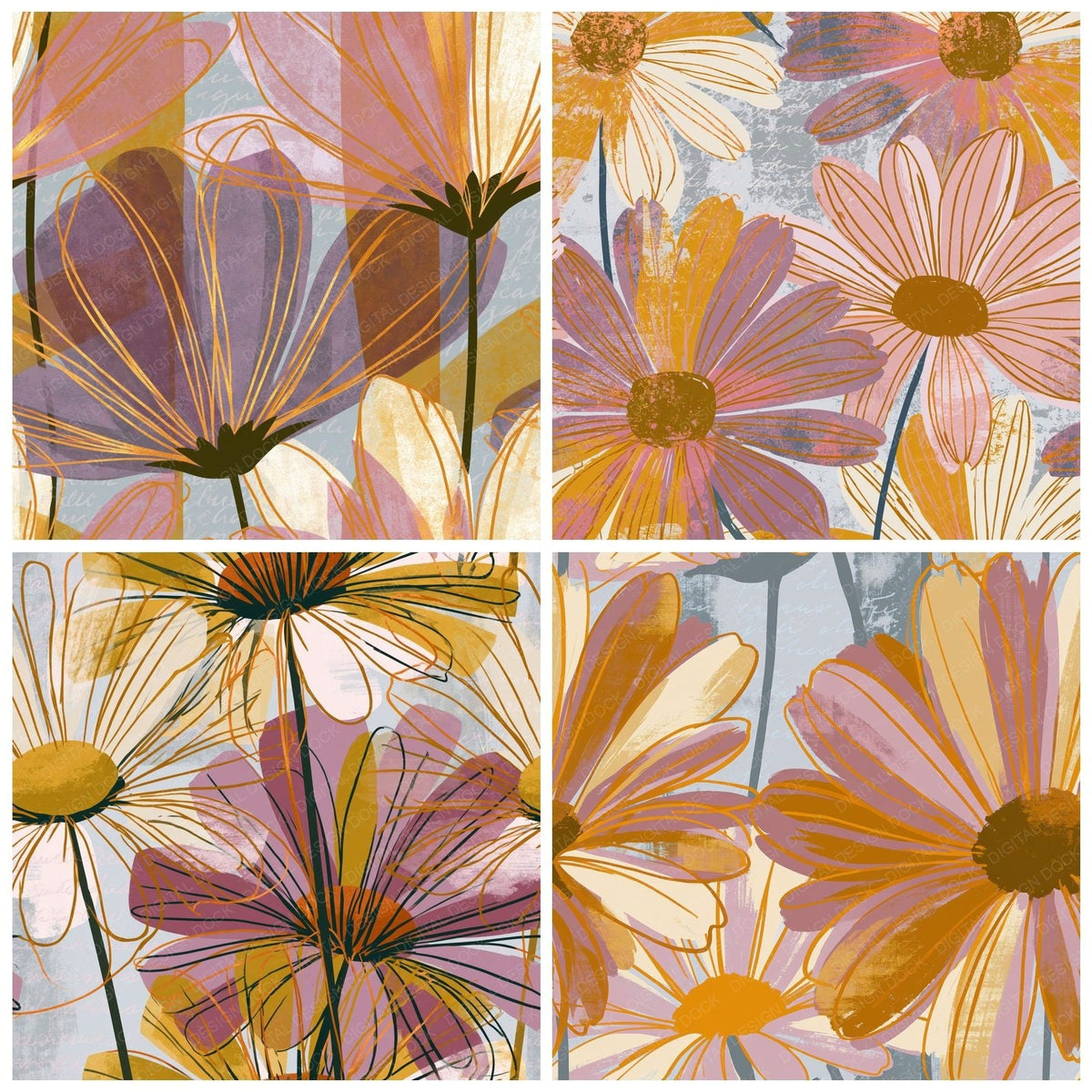 Pop Art Daisy Outlines Champagne Rose Digital Paper Pack (DDD018779)