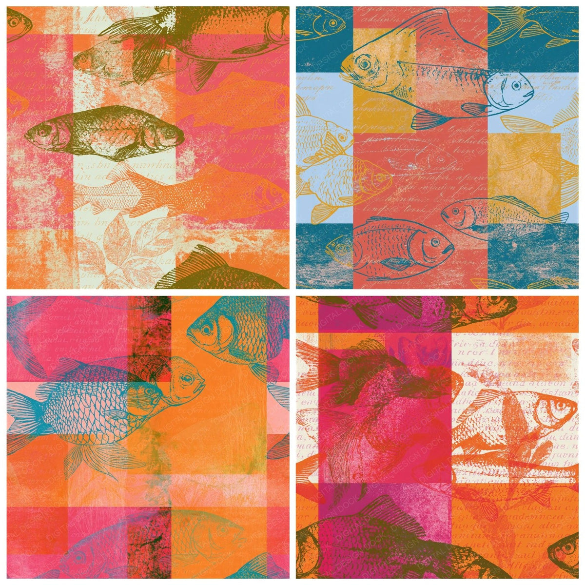 Pop Art Fish Apricot Rose Seamless Digital Paper Pack (DDD018780)