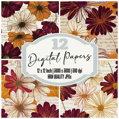 Embroidery Daisy Merlot Cream Seamless digital paper pack cover showing four of the 12 papers