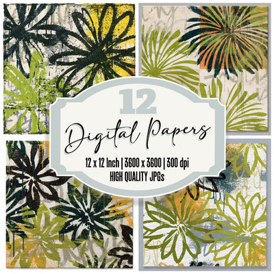 Graffiti Daisy Outlines Espresso Pistachio digital paper pack cover showing four of the 12 papers