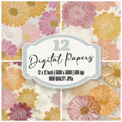 Lace Daisy Ochre Pink Seamless digital paper pack cover showing four of the 12 papers