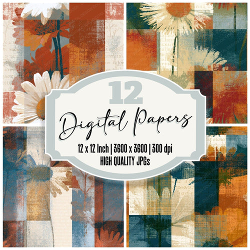 Pixel Art Daisy Outlines Copper Oyster Seamless digital paper pack cover showing four of the 12 papers