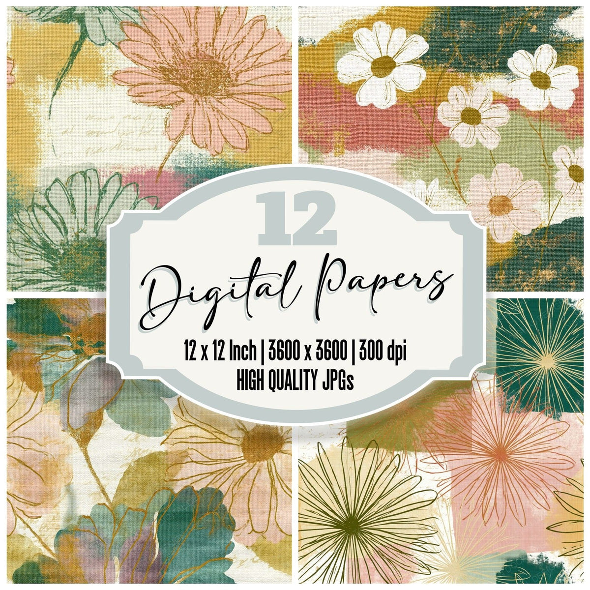 Tapestry Daisy Outlines Blush Sage Seamless Digital Paper Pack (DDD018803)
