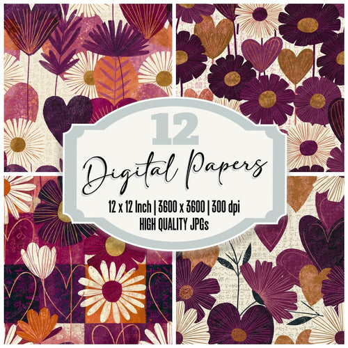 Folk Art Daisies Hearts Plum Bone Seamless digital paper pack cover showing four of the 12 papers