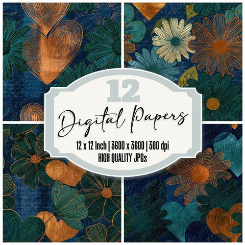 Op Art Daisies Hearts Navy Copper Seamless digital paper pack cover showing four of the 12 papers