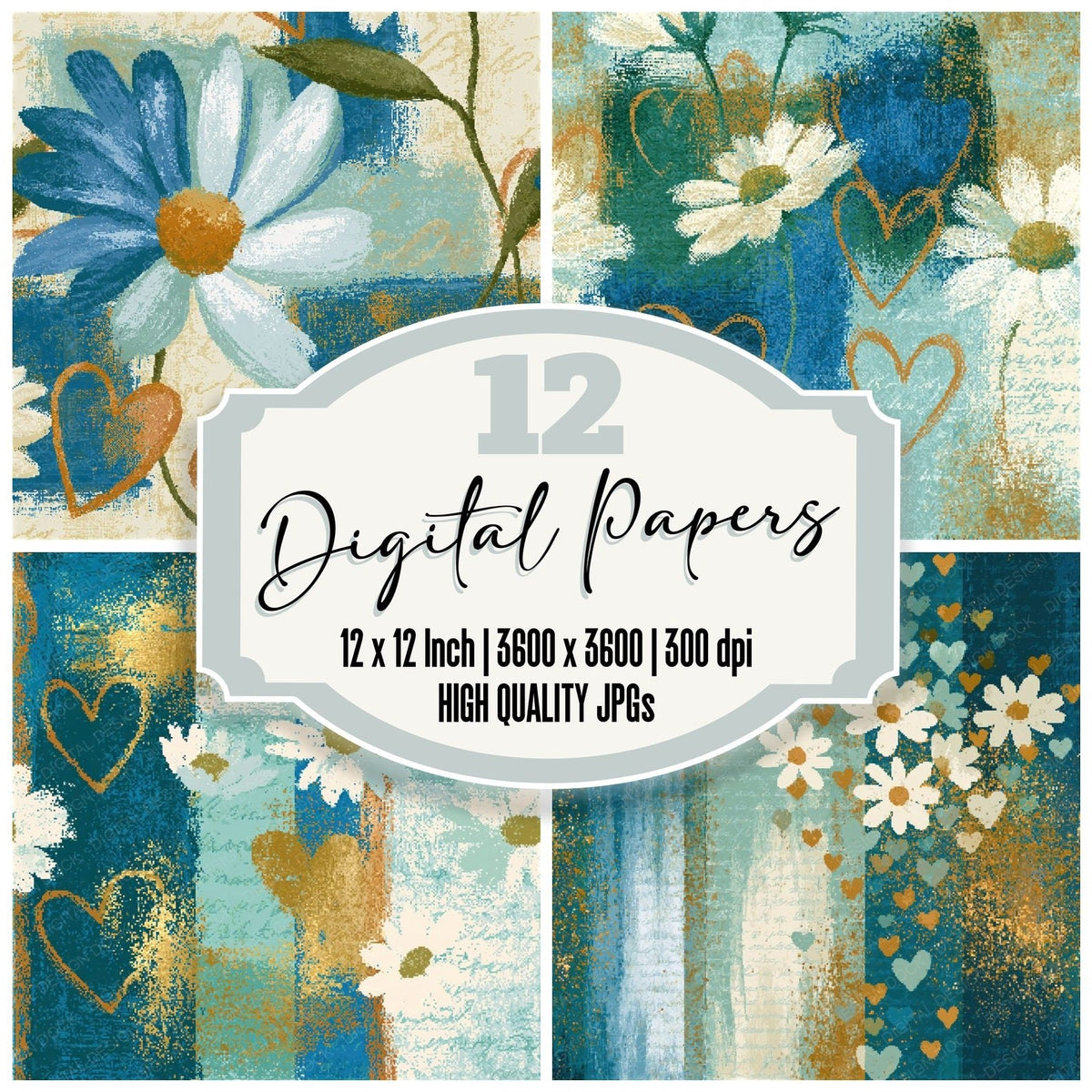 Pixel Daisies Hearts Seafoam Seamless Digital Paper Pack (DDD018817)