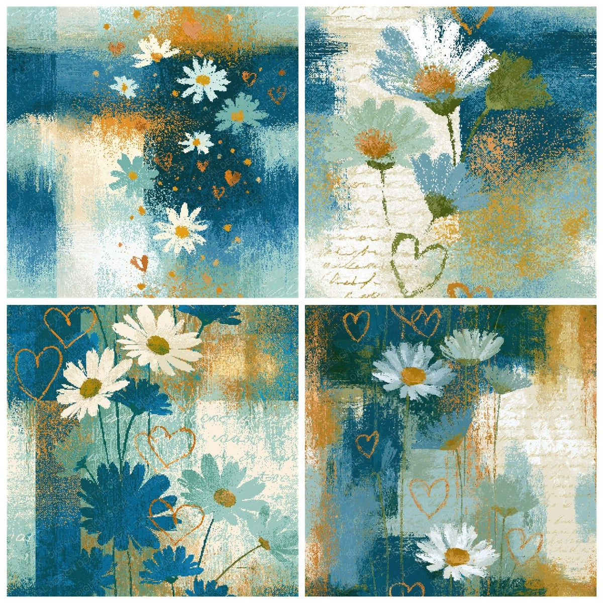 Pixel Daisies Hearts Seafoam Seamless Digital Paper Pack (DDD018817)