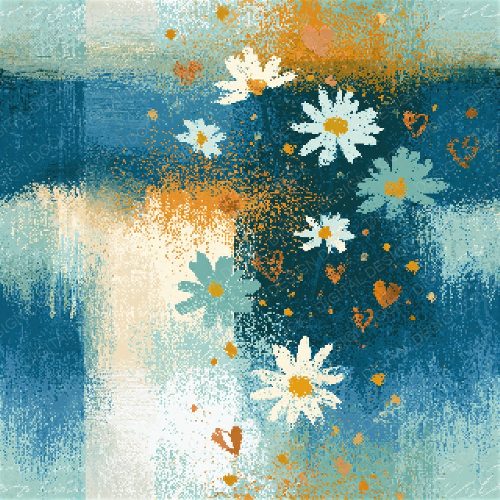 Pixel Daisies Hearts Seafoam Seamless Digital Paper Pack (DDD018817)