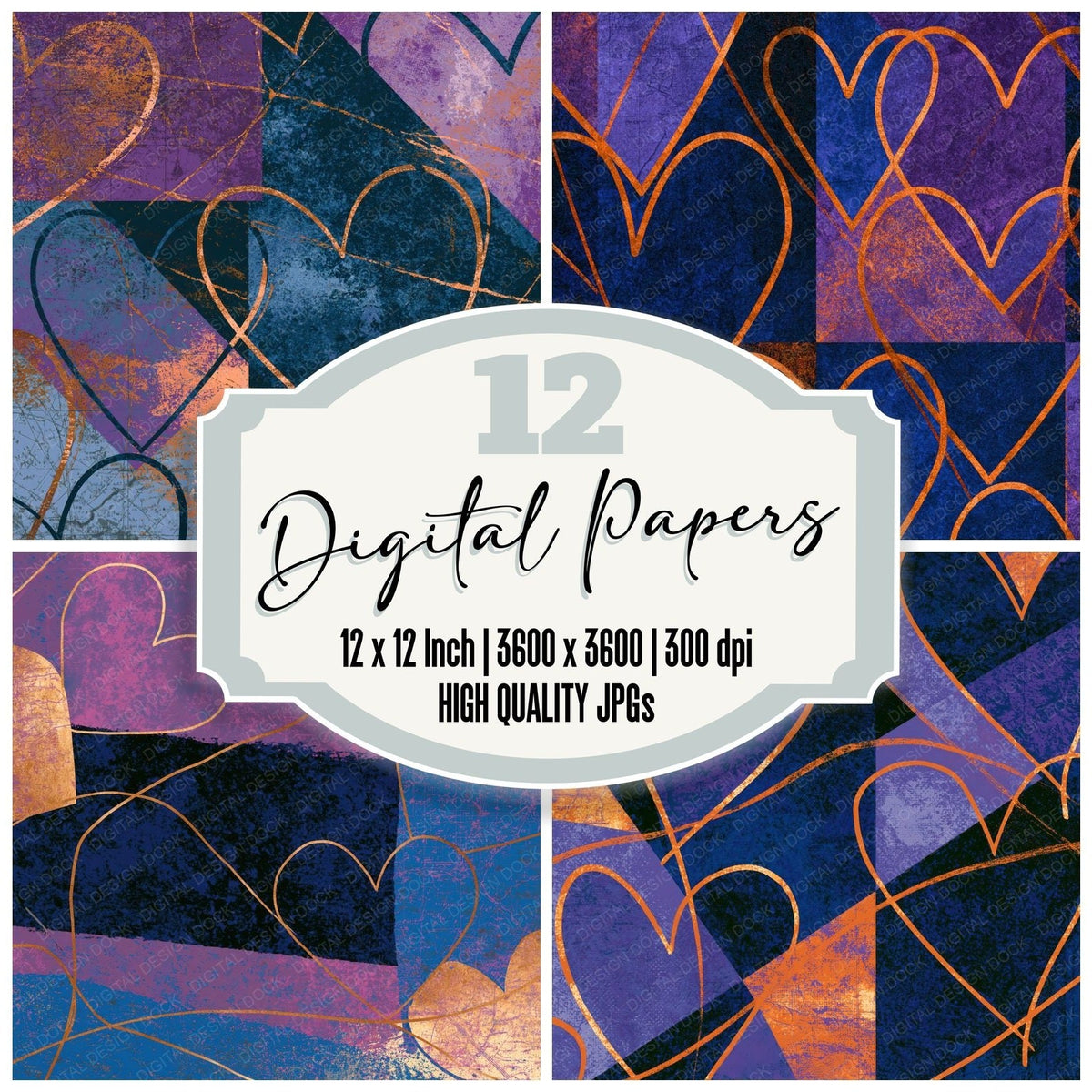 Pop Art Heart Outlines Violet Midnight Digital Paper Pack (DDD018820)