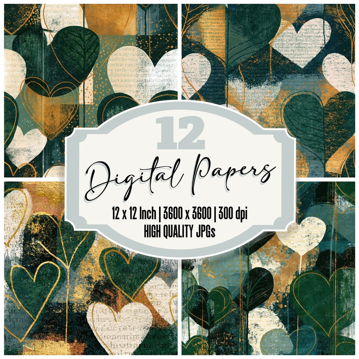 Screenprint Heart Outlines Forest Green Bone Seamless Digital Paper Pack (DDD018841)