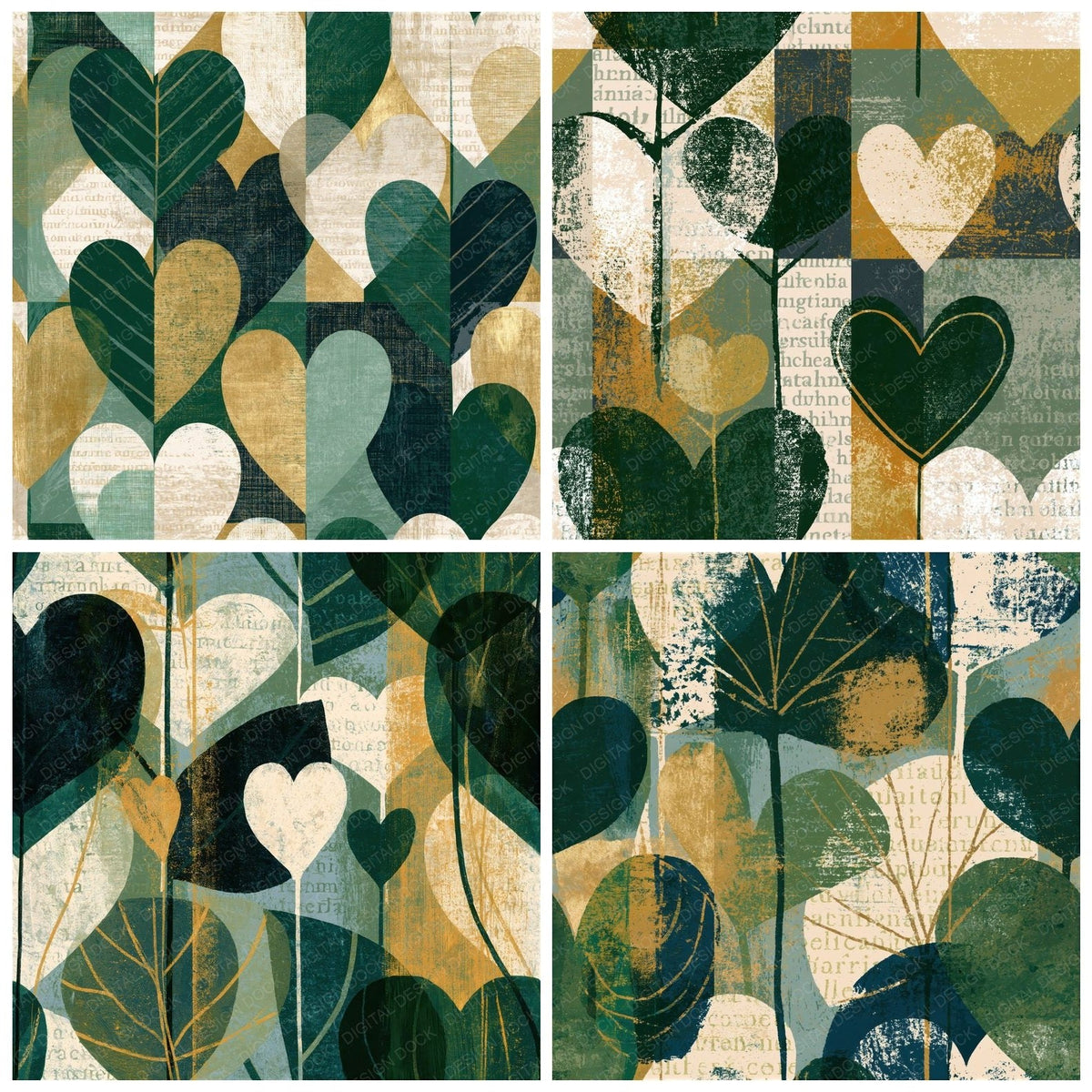 Screenprint Heart Outlines Forest Green Bone Seamless Digital Paper Pack (DDD018841)