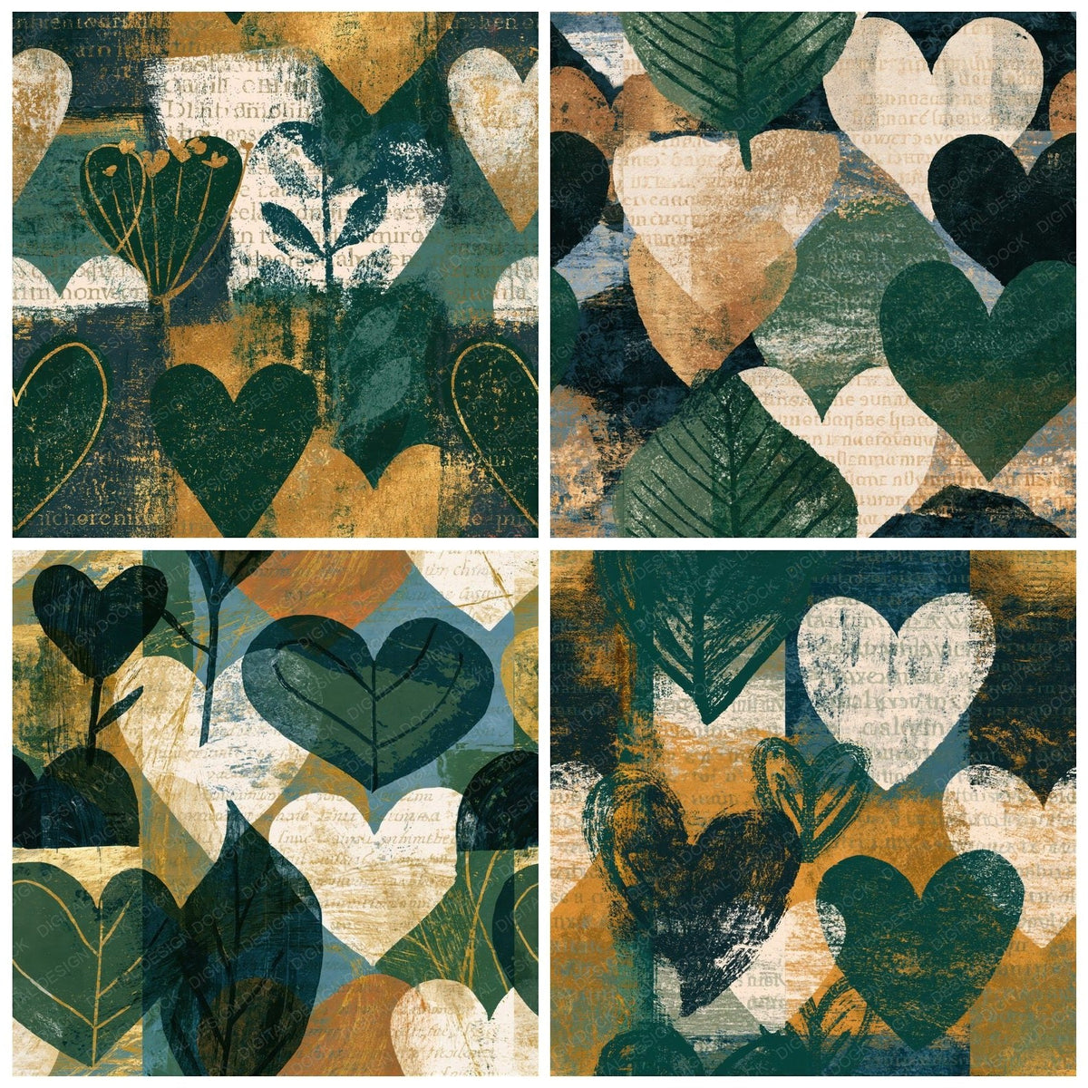 Screenprint Heart Outlines Forest Green Bone Seamless Digital Paper Pack (DDD018841)
