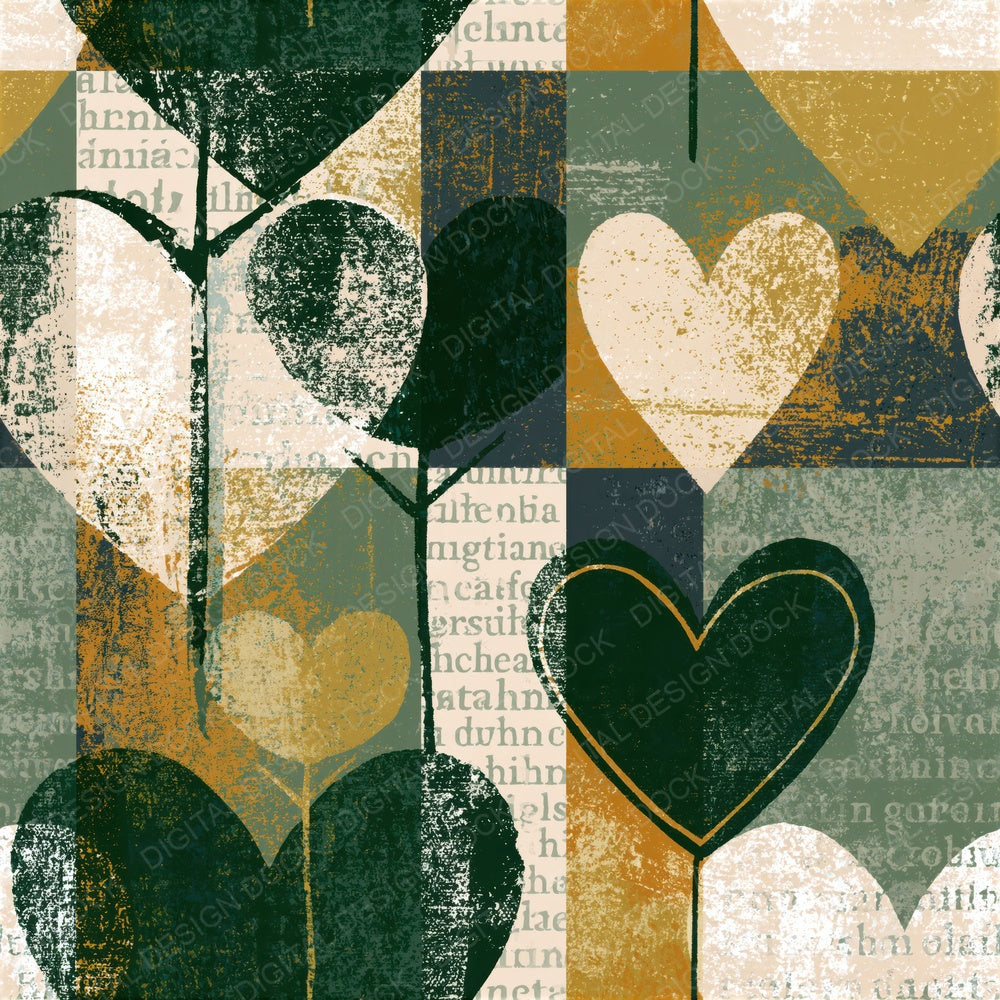 Screenprint Heart Outlines Forest Green Bone Seamless Digital Paper Pack (DDD018841)