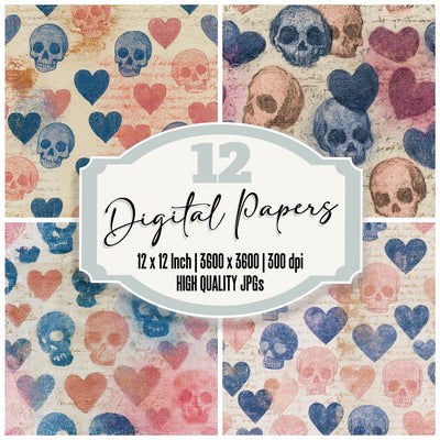 Coloured Pencil Skulls Hearts Dusty Rose Seamless digital paper pack cover showing four of the 12 papers