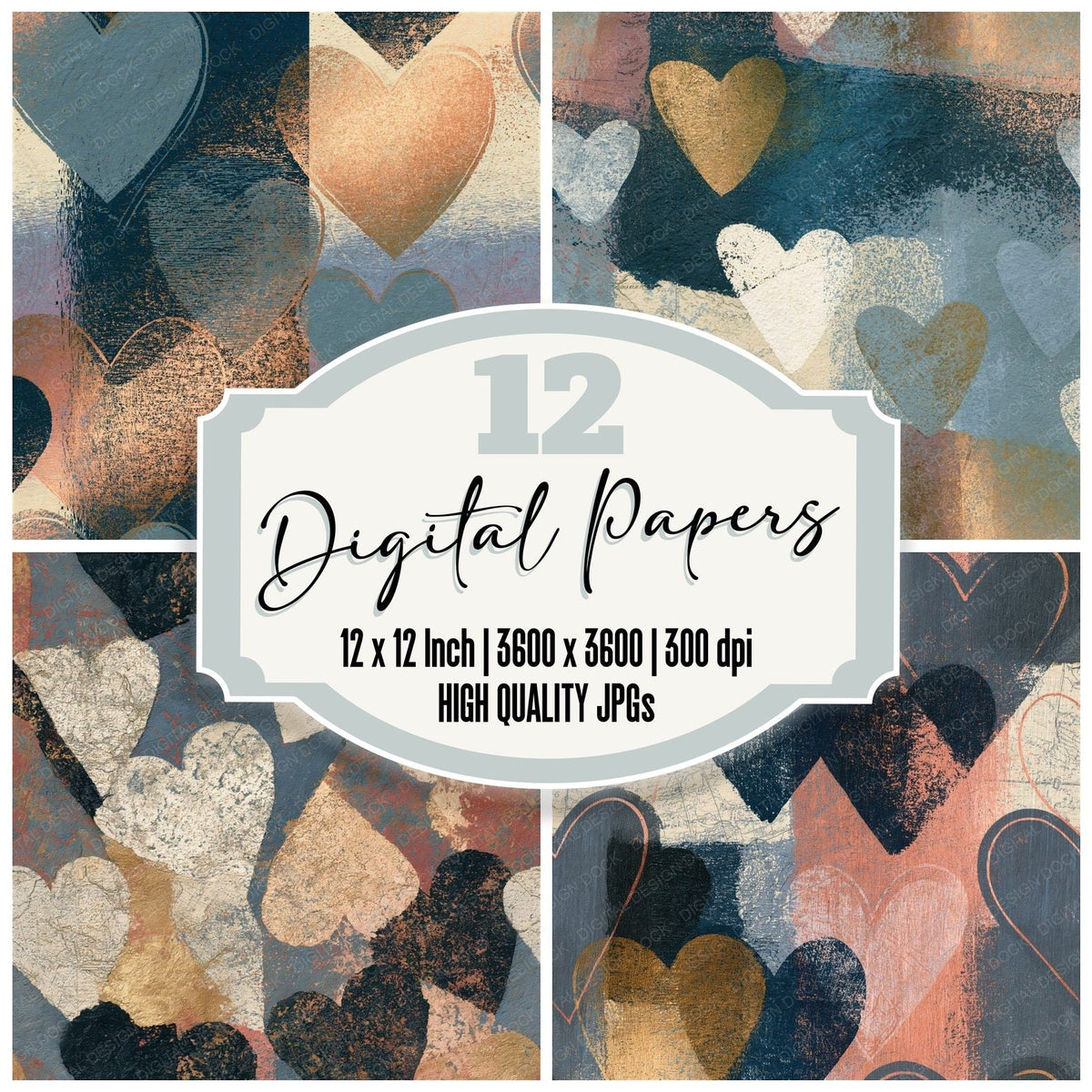 Etching Heart Outlines Graphite Cream Seamless digital paper pack cover showing four of the 12 papers