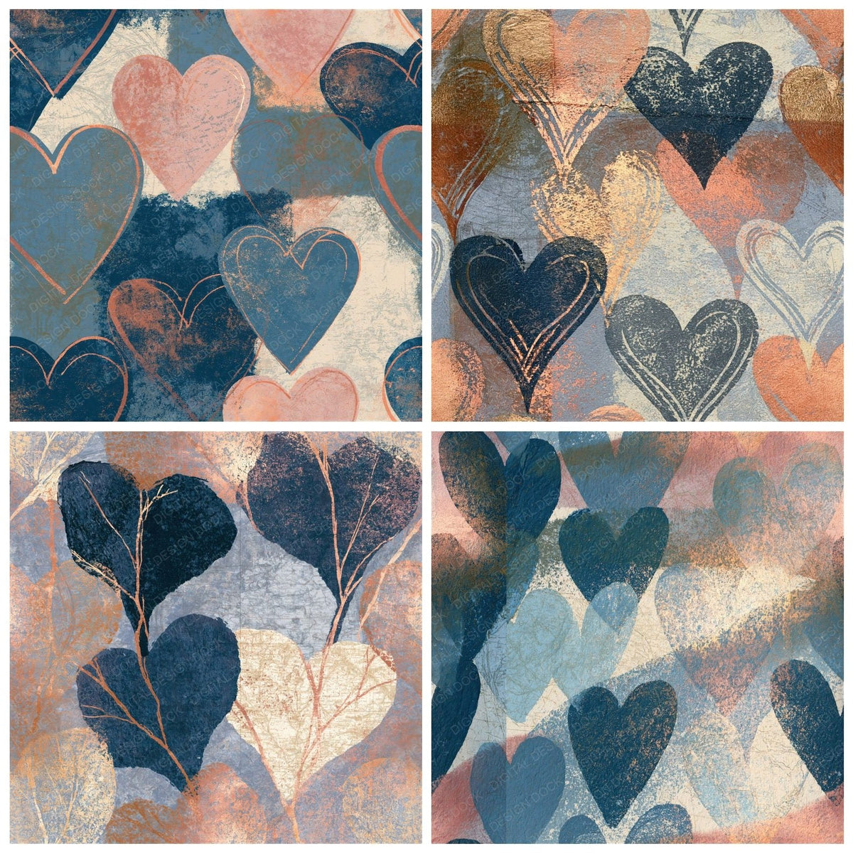 Four Etching Heart Outlines Graphite Cream Seamless digital papers from the pack shown in a grid