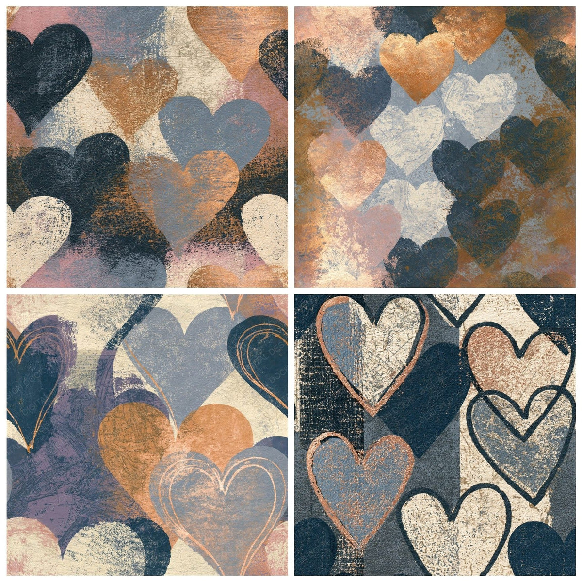 Four more Etching Heart Outlines Graphite Cream Seamless digital papers from the pack shown in a grid