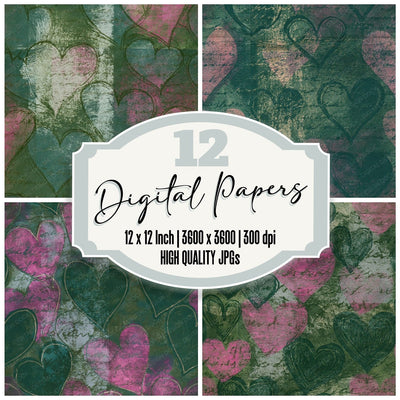 Etching Heart Outlines Jungle Green Orchid Seamless digital paper pack cover showing four of the 12 papers