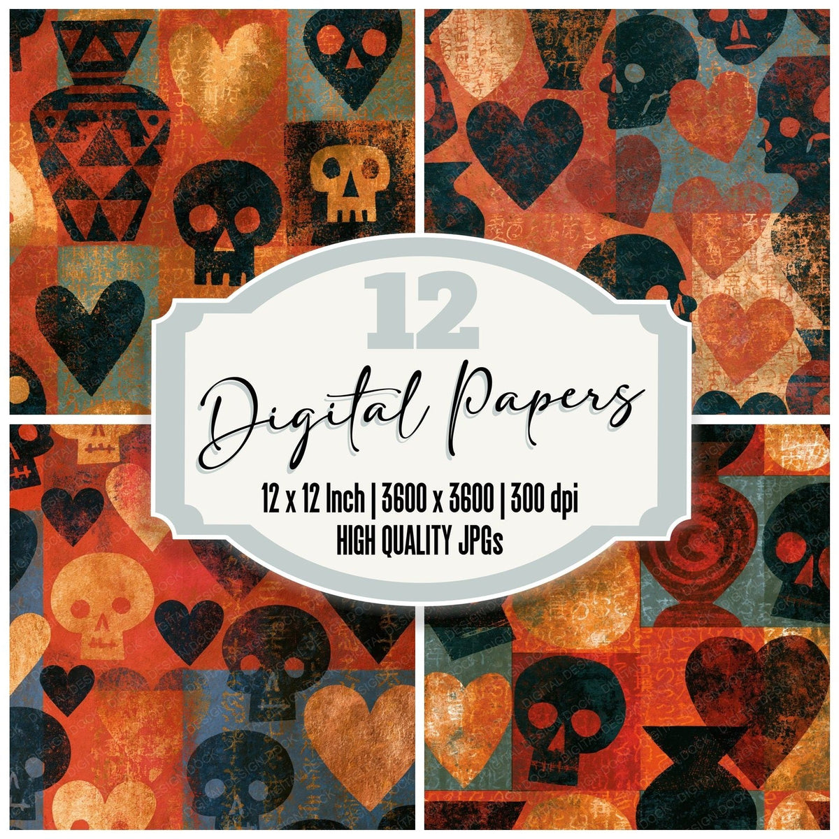 Greek Pottery Skulls Hearts Terracotta digital paper pack cover showing four of the 12 papers