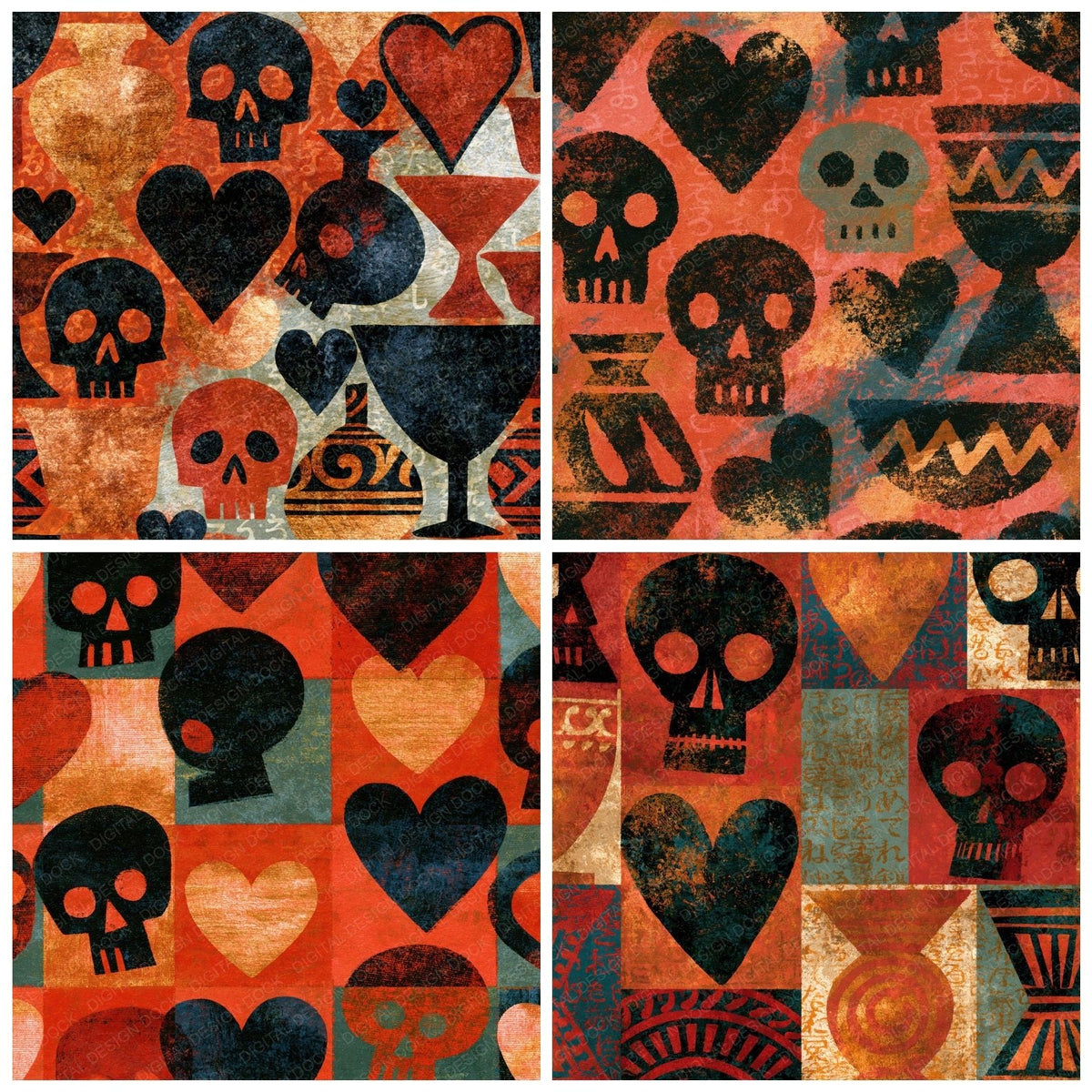 Four Greek Pottery Skulls Hearts Terracotta digital papers from the pack shown in a grid