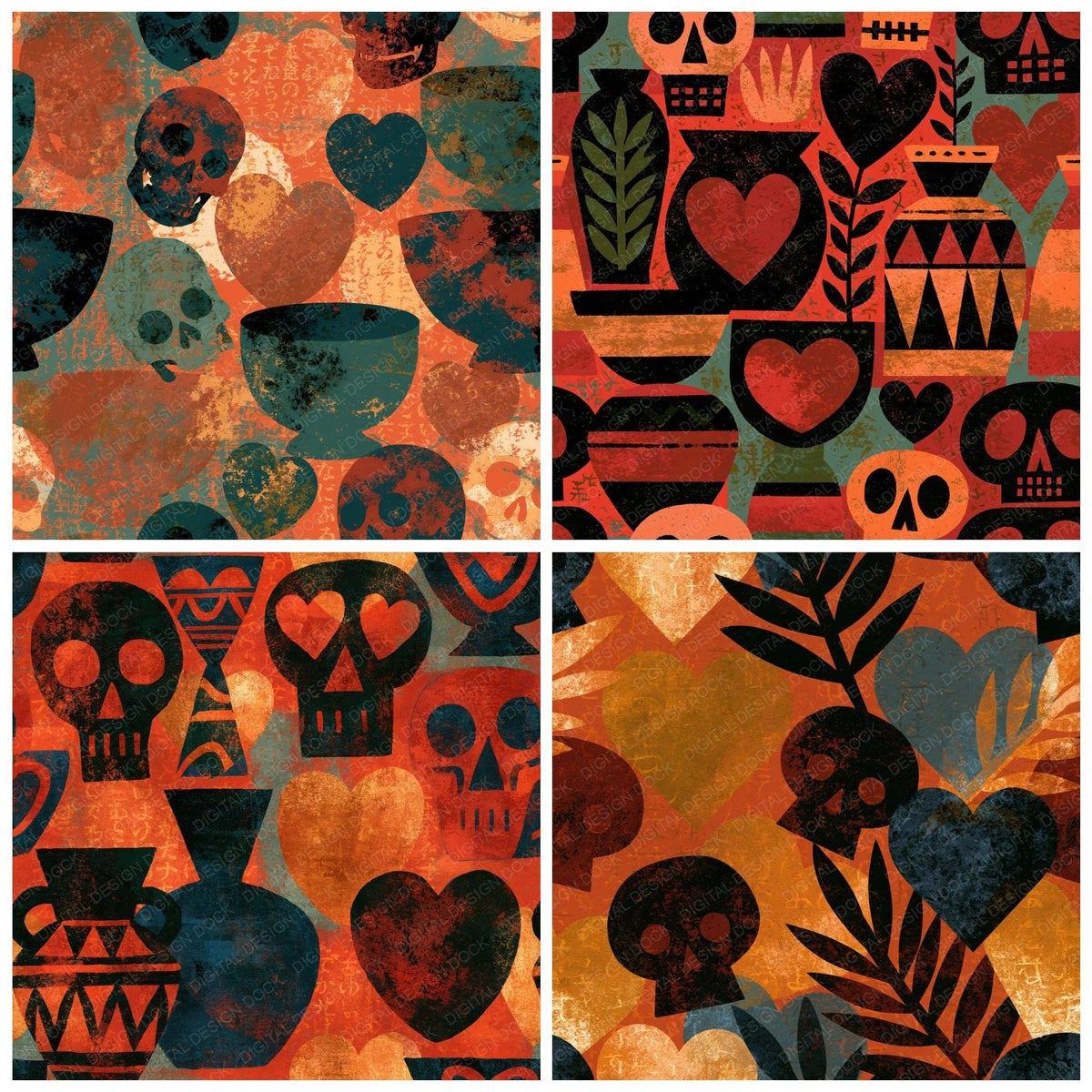 Four more Greek Pottery Skulls Hearts Terracotta digital papers from the pack shown in a grid