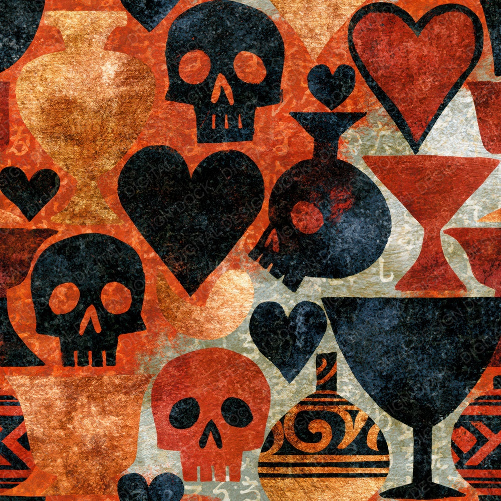 Single Greek Pottery Skulls Hearts Terracotta digital paper shown full size