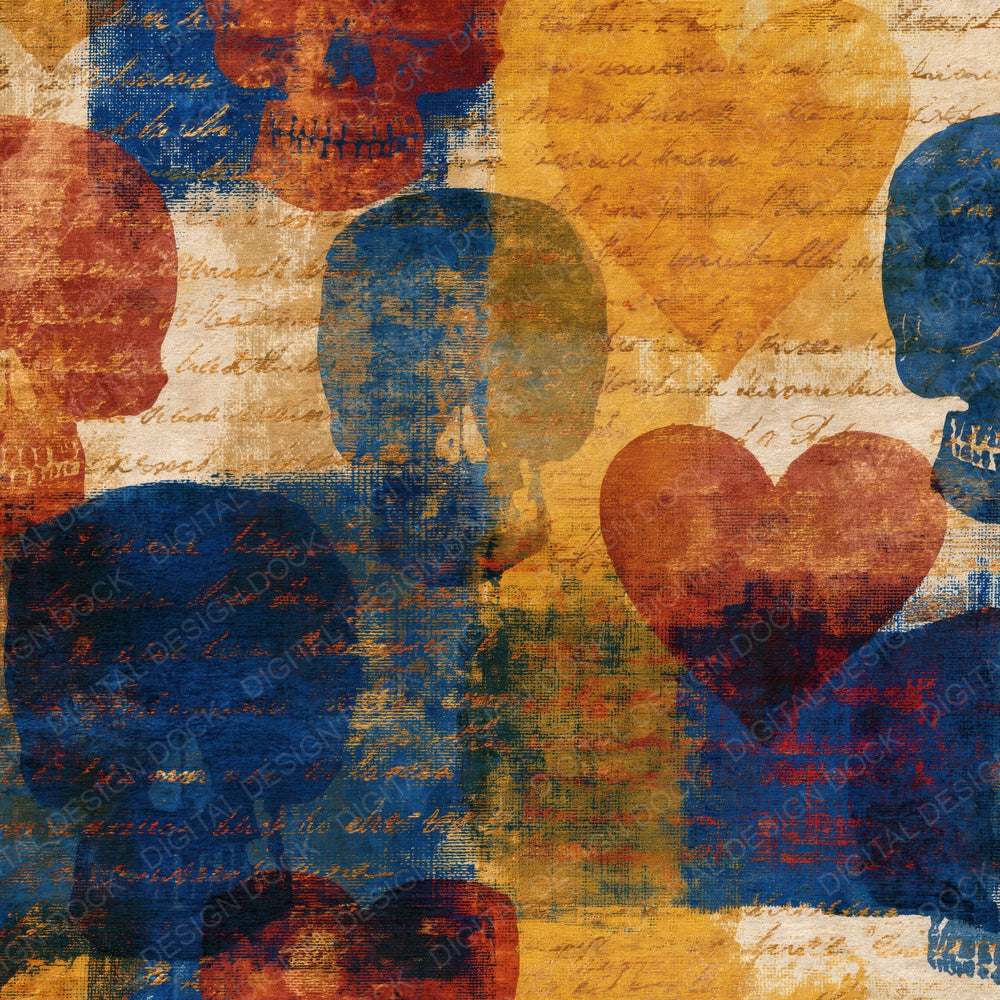 Another Layered Skulls Hearts Sienna Indigo Abstract digital paper shown full size