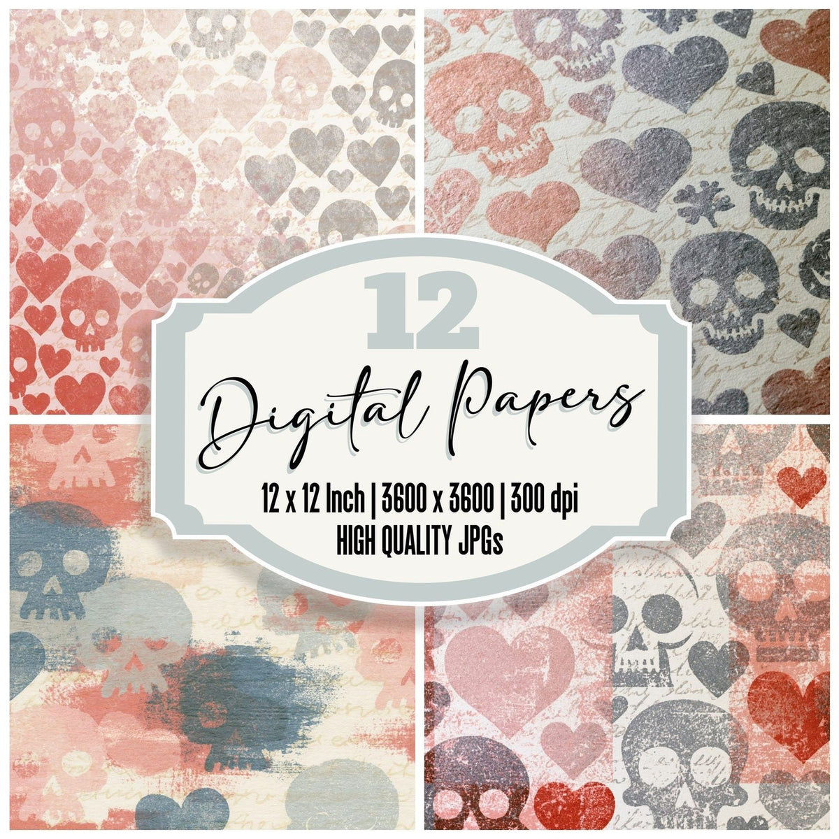 Letterpress Skulls Hearts Rose Abstract digital paper pack cover showing four of the 12 papers