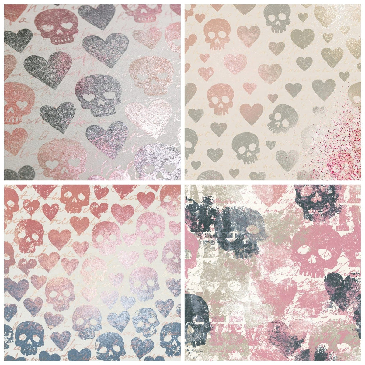 Four Letterpress Skulls Hearts Rose Abstract digital papers from the pack shown in a grid