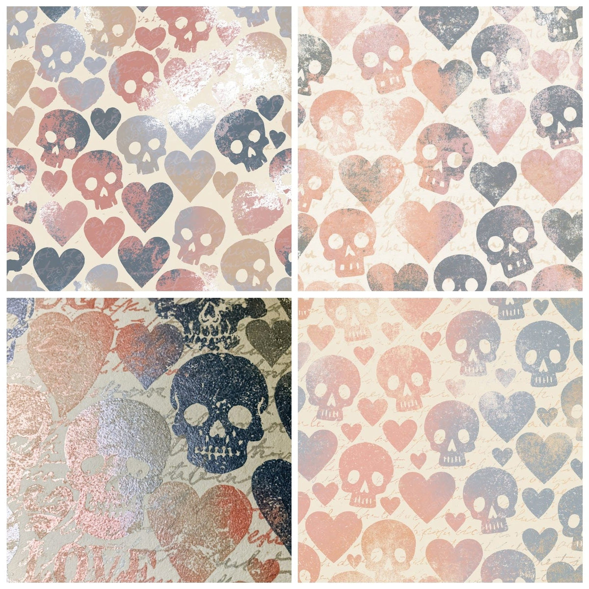 Four more Letterpress Skulls Hearts Rose Abstract digital papers from the pack shown in a grid