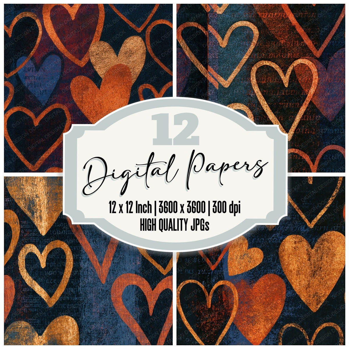 Linocut Heart Outlines Copper Rust Seamless digital paper pack cover showing four of the 12 papers