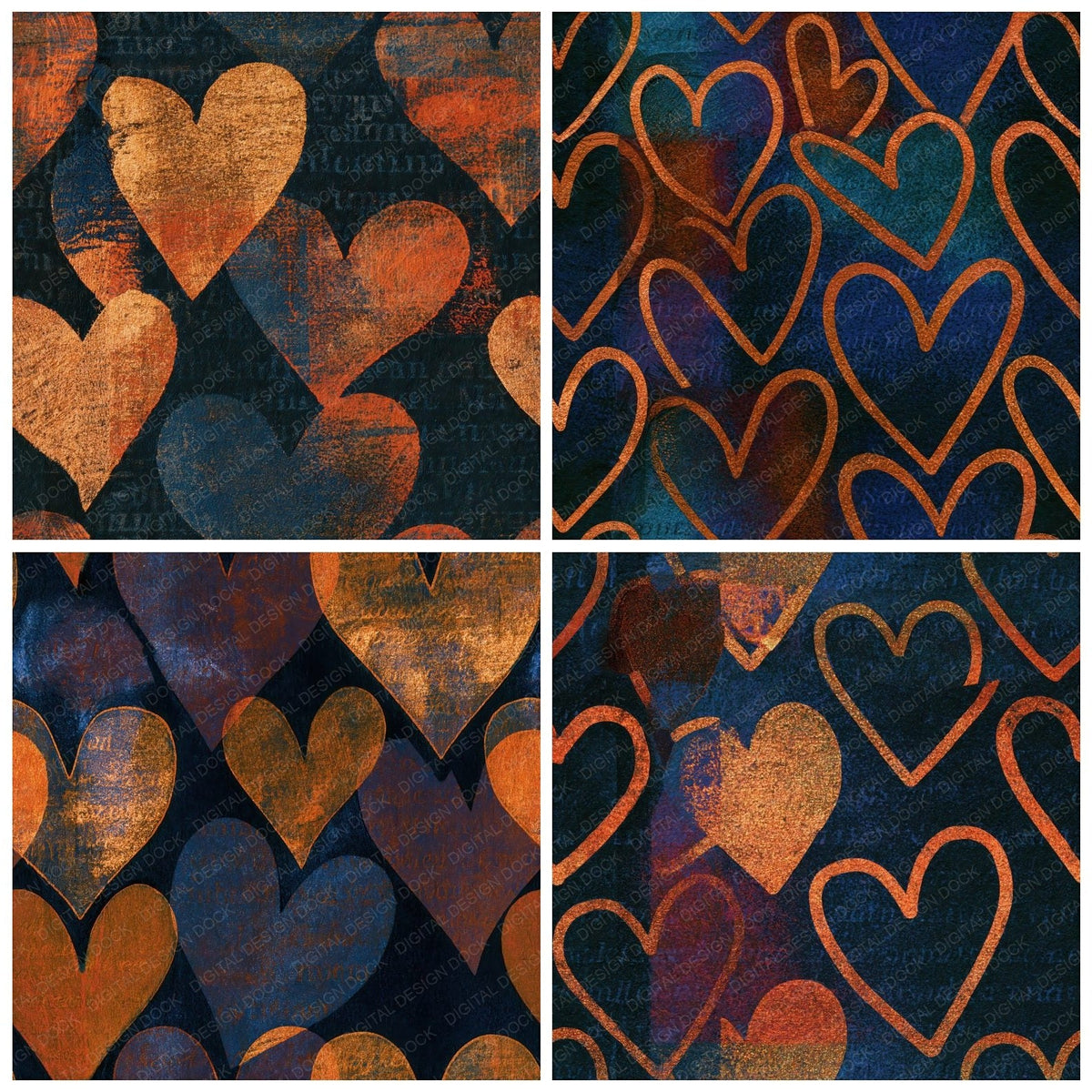 Four Linocut Heart Outlines Copper Rust Seamless digital papers from the pack shown in a grid